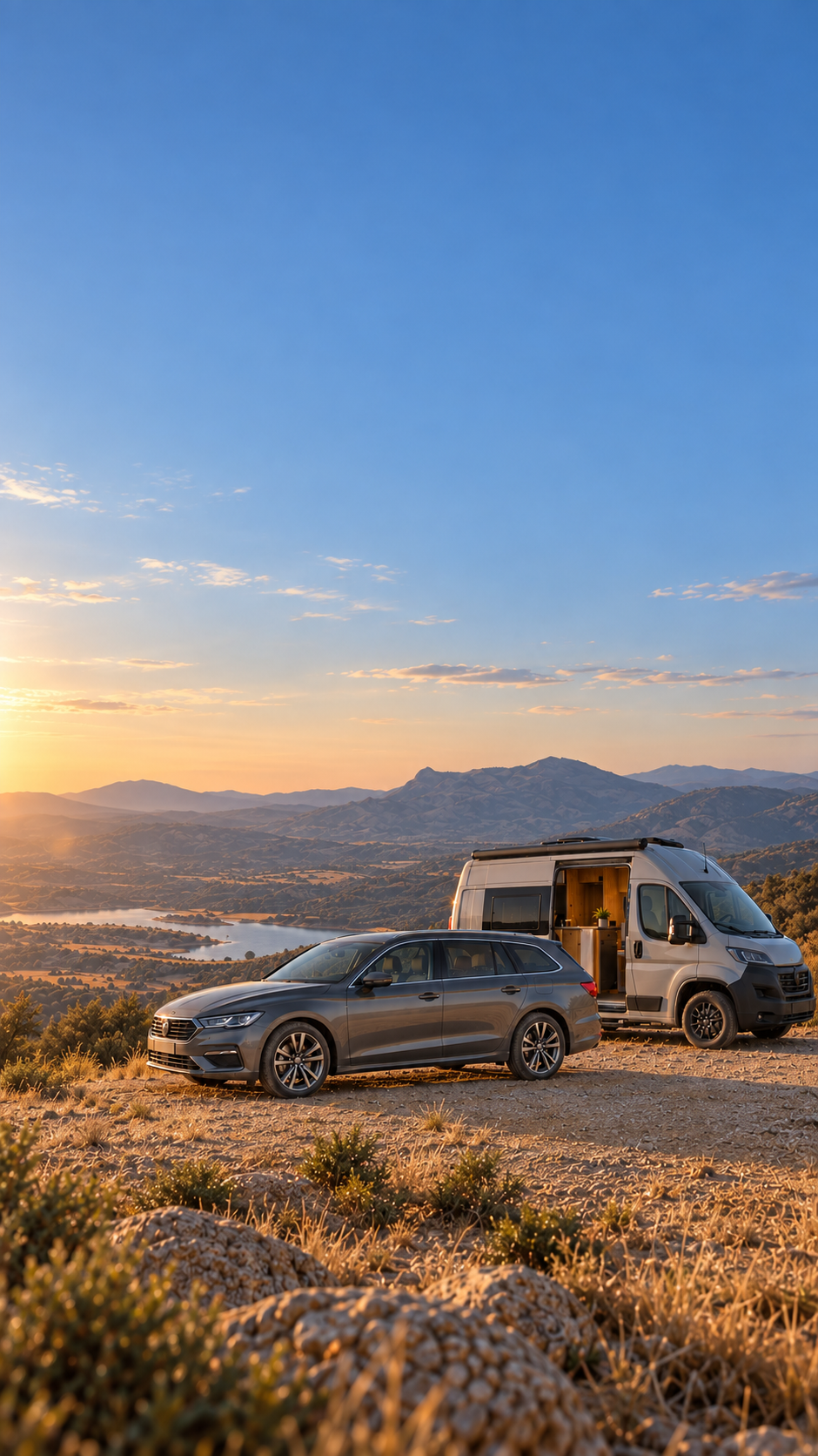 Vehículo familiar y furgoneta camper ante un paisaje de montaña al atardecer