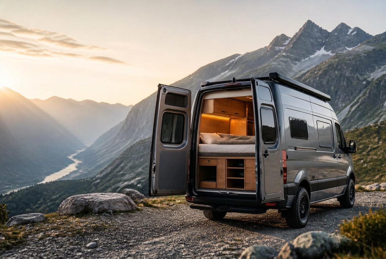 Furgoneta camper abierta ante un paisaje de montaña